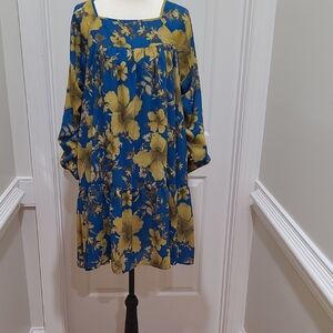 Blue & Mustard Floral Long-Sleeve Square-Neck Dress